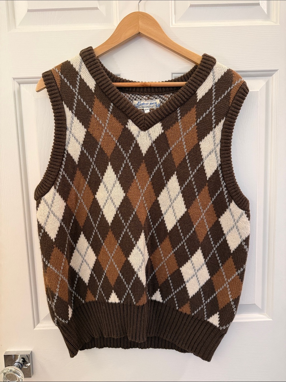 Vintage Inspired-Argyle V-Neck Sweater Vest in Brown and Cream